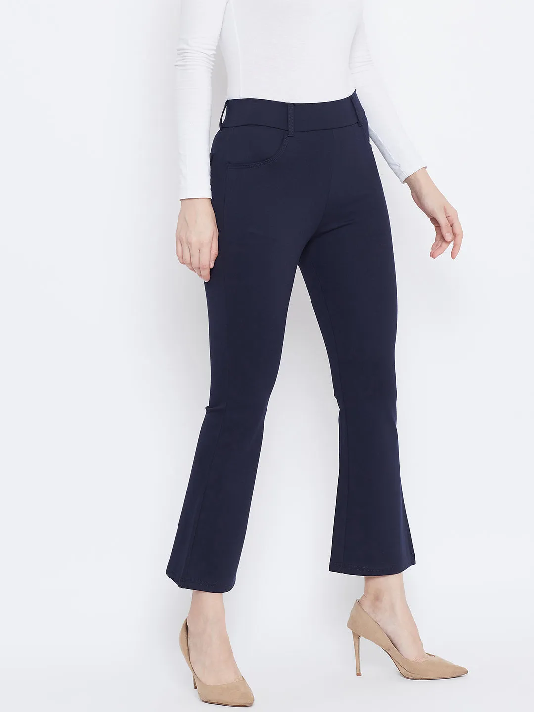 Women Navy Blue Solid Bootcut Jeggings