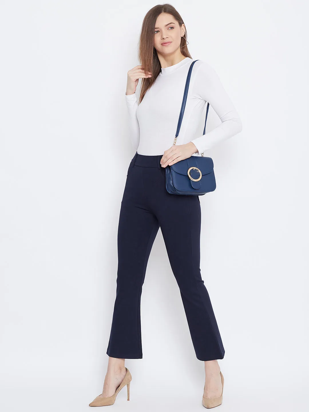 Women Navy Blue Solid Bootcut Jeggings