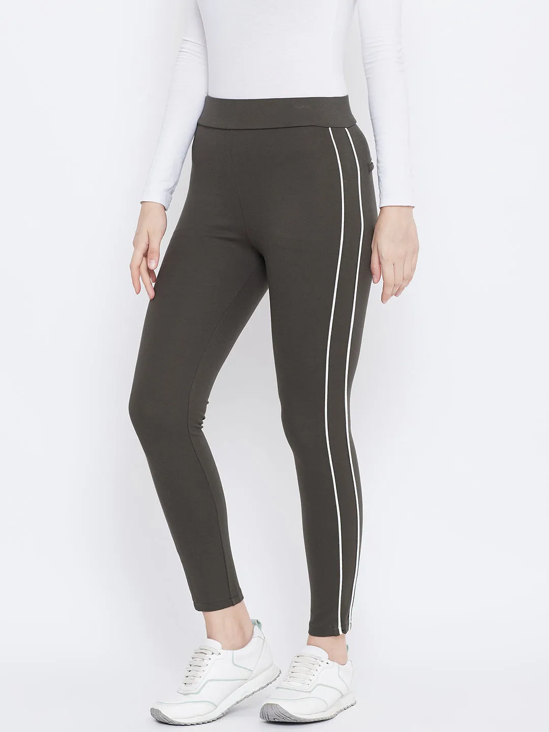 Women Olive Solid Striped Jeggings