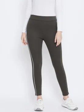 Women Olive Solid Striped Jeggings