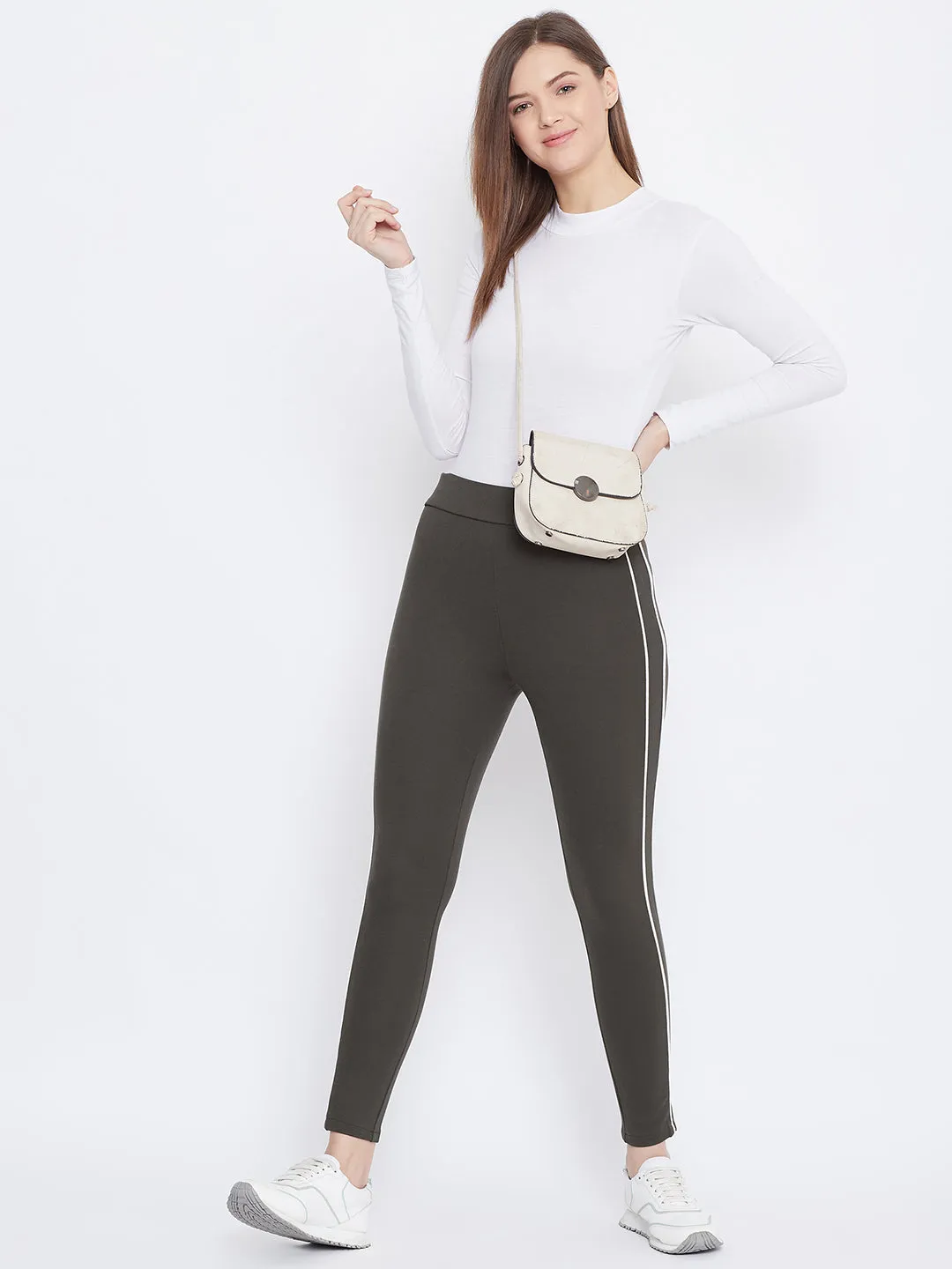 Women Olive Solid Striped Jeggings