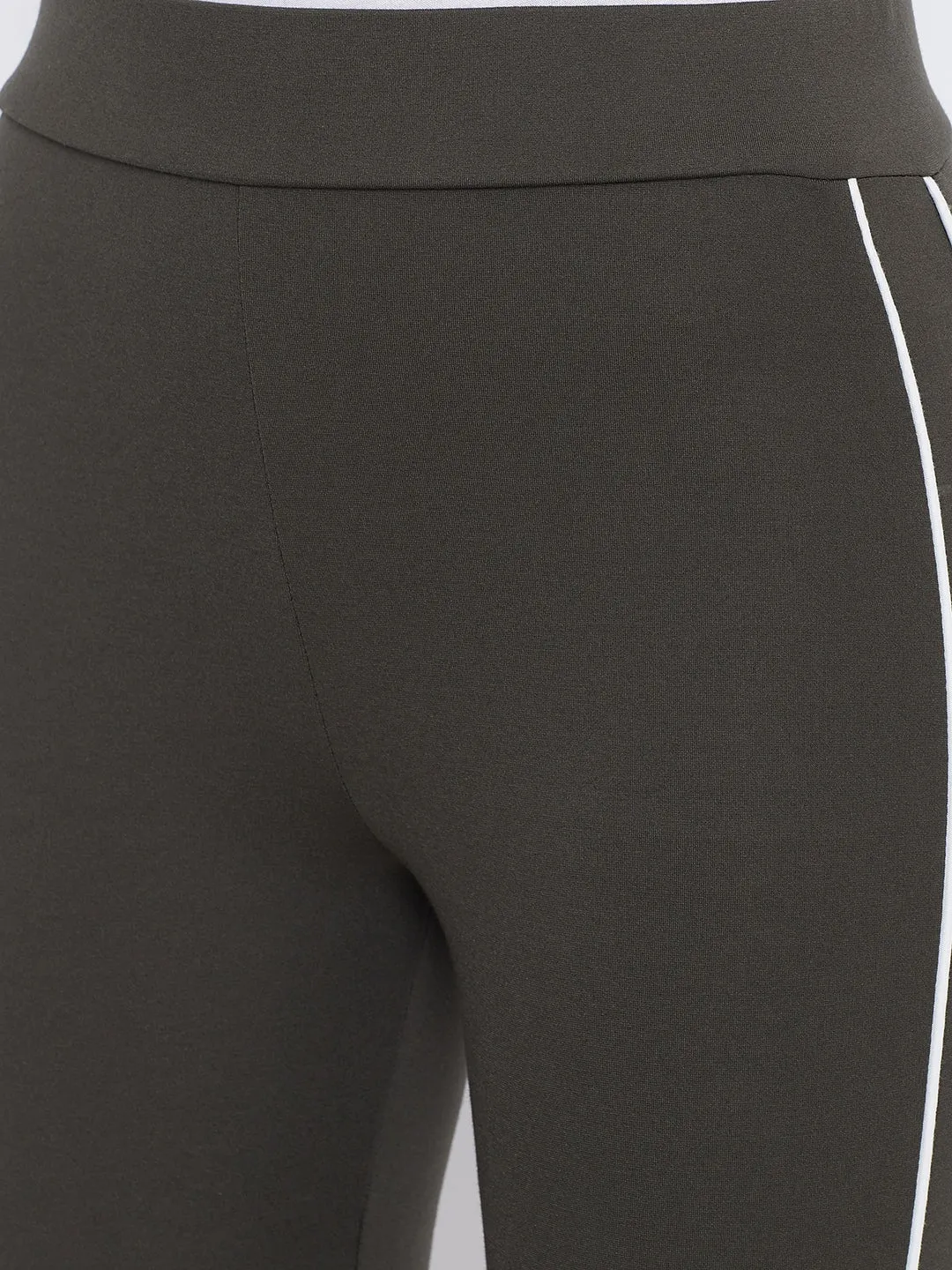 Women Olive Solid Striped Jeggings