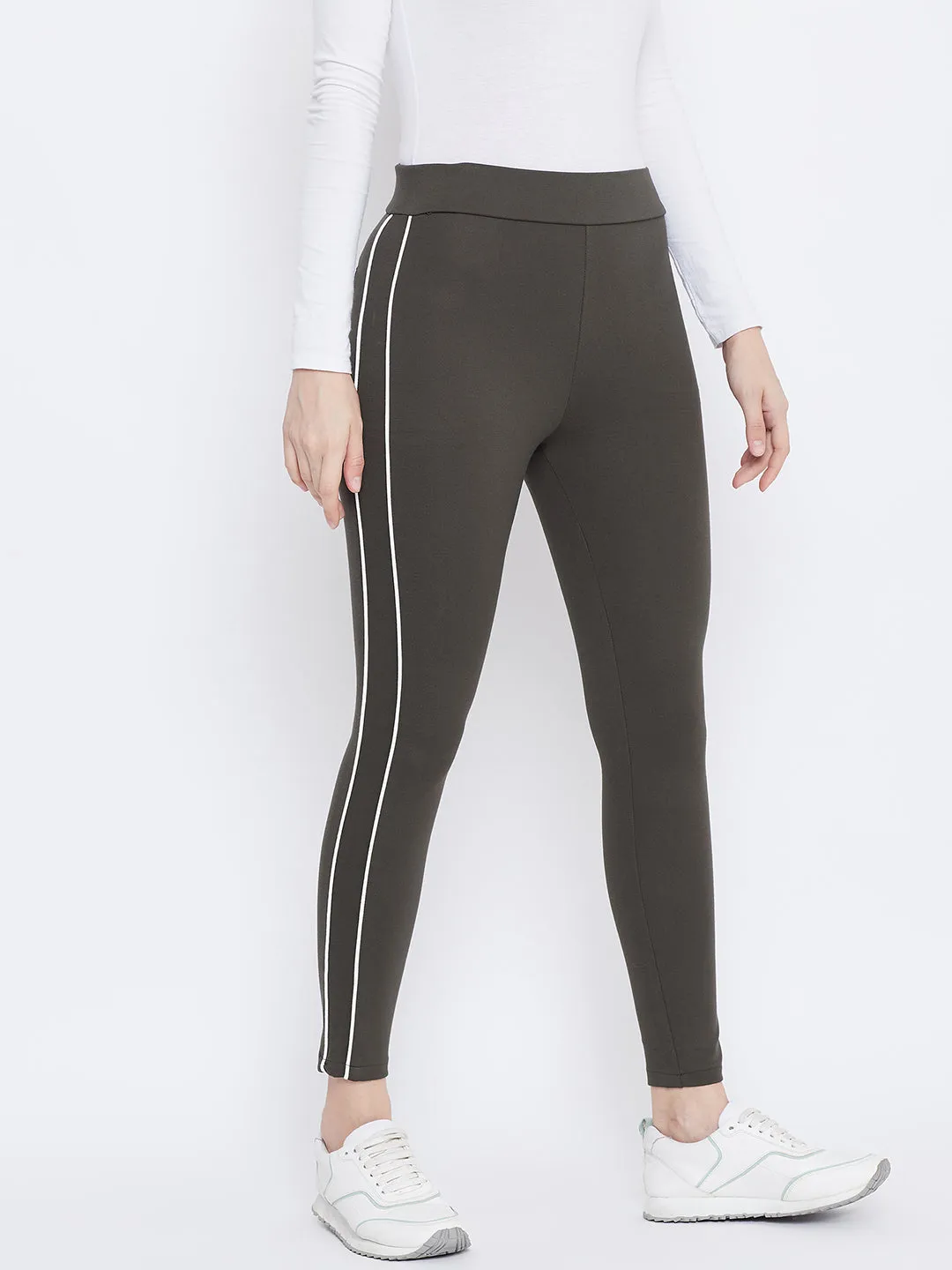 Women Olive Solid Striped Jeggings
