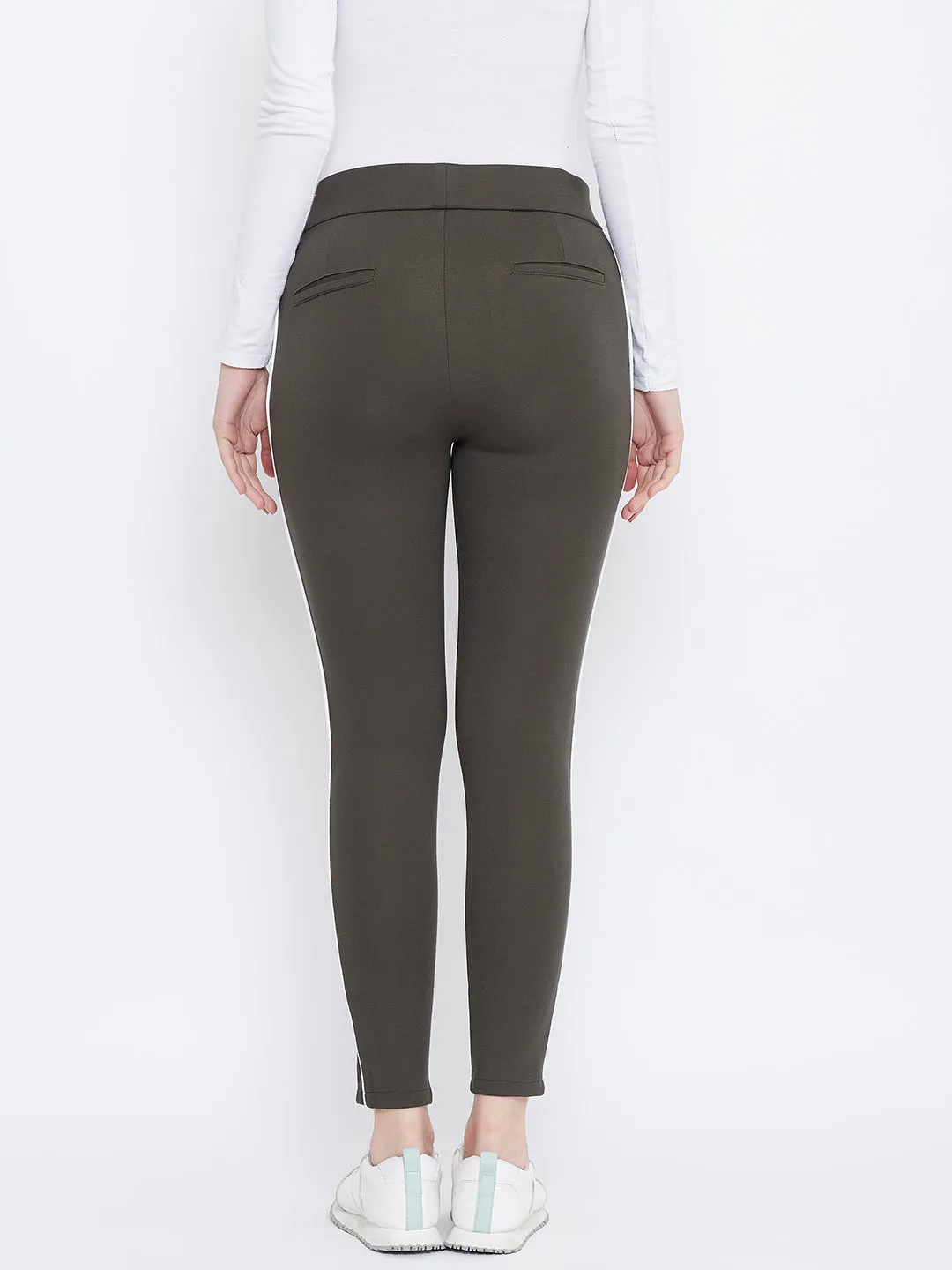 Women Olive Solid Striped Jeggings