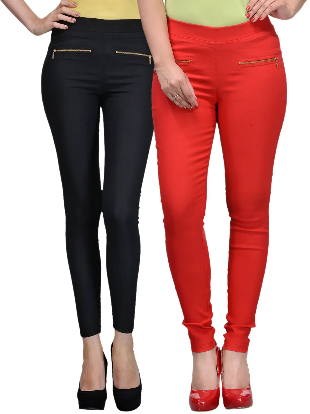 Women Pack Of Two Mid-Rise Jeggings In Red And Black