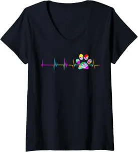Womens Dog Paw Print Heartbeat Shirt Women Girls Mom Love Dogs V-Neck T-Shirt