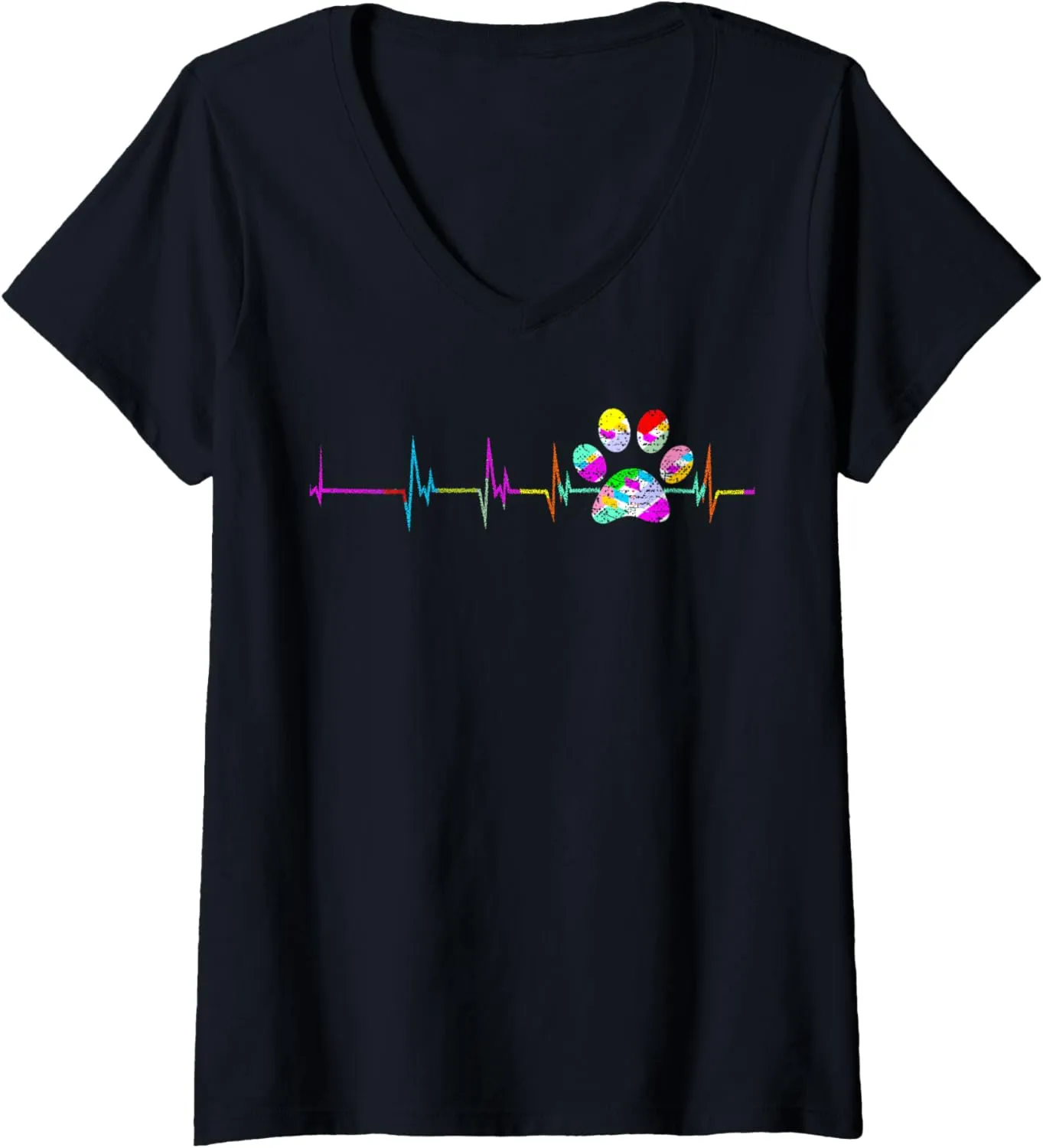 Womens Dog Paw Print Heartbeat Shirt Women Girls Mom Love Dogs V-Neck T-Shirt