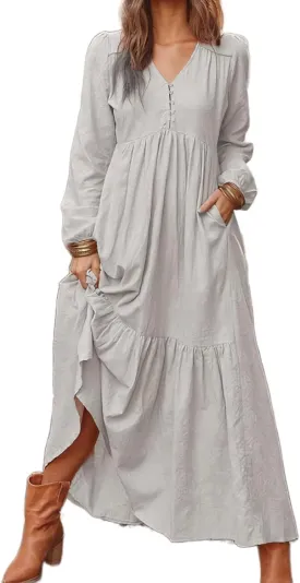 Women's Linen Maxi Dress Long Sleeve with Pockets Casual V-Neck Tiered Ruffle Dress Boho Beach Pleated Long Dress