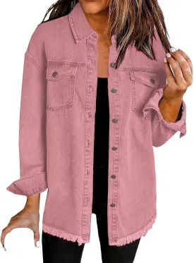 Women's Oversized Denim Jacket Lightweight Casual Long Sleeve Button Shirts Distressed Jean Jacket 2025 Fall Outfits