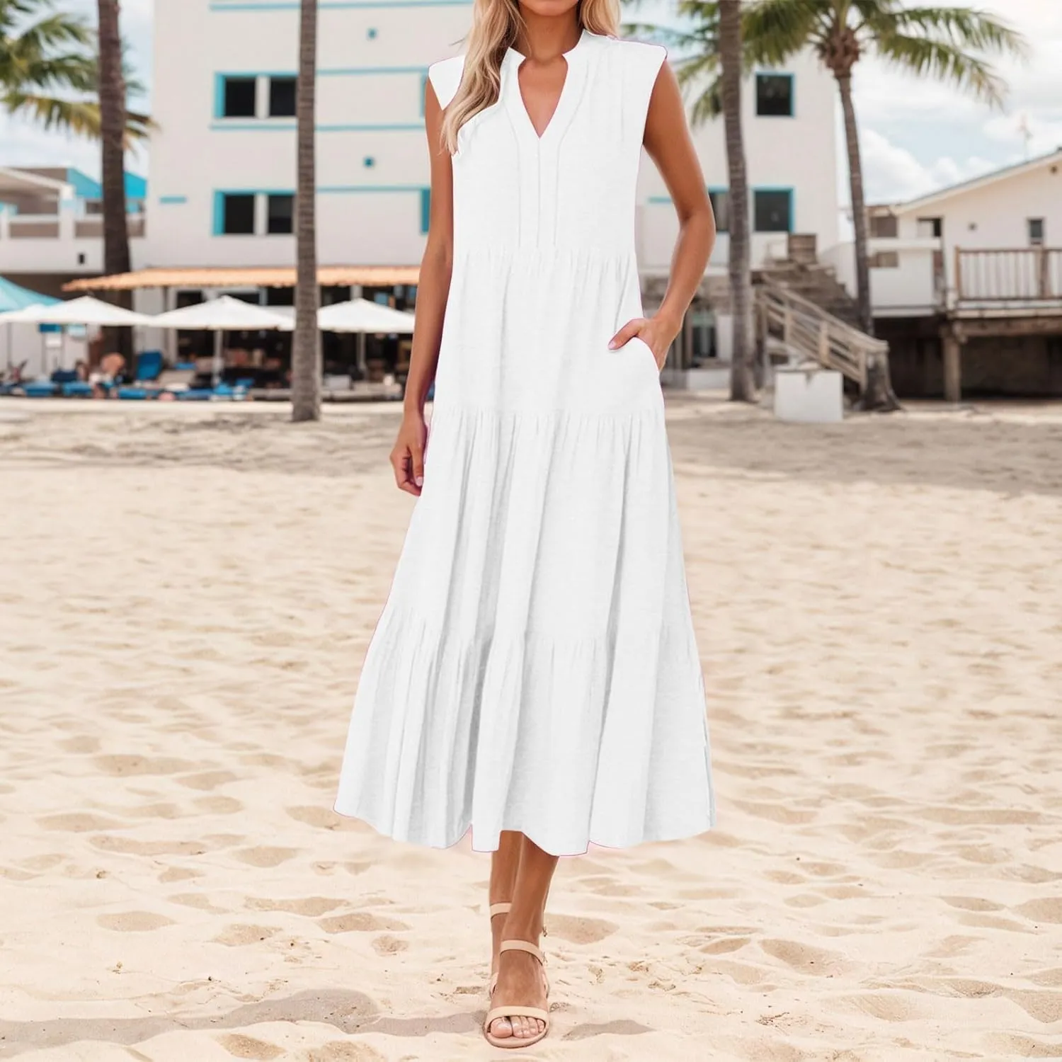 Womens Summer Striped Dress Sleeveless Knitted Contrast Color Side Slit Casual Maxi Beach Dress