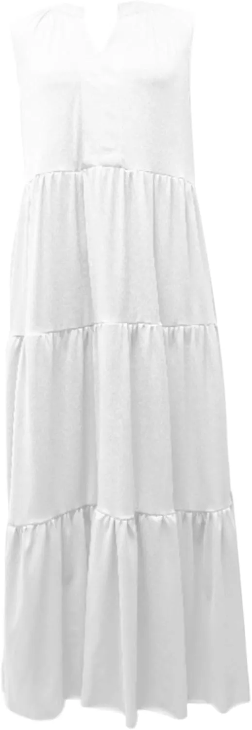 Womens Summer Striped Dress Sleeveless Knitted Contrast Color Side Slit Casual Maxi Beach Dress