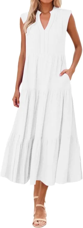 Womens Summer Striped Dress Sleeveless Knitted Contrast Color Side Slit Casual Maxi Beach Dress