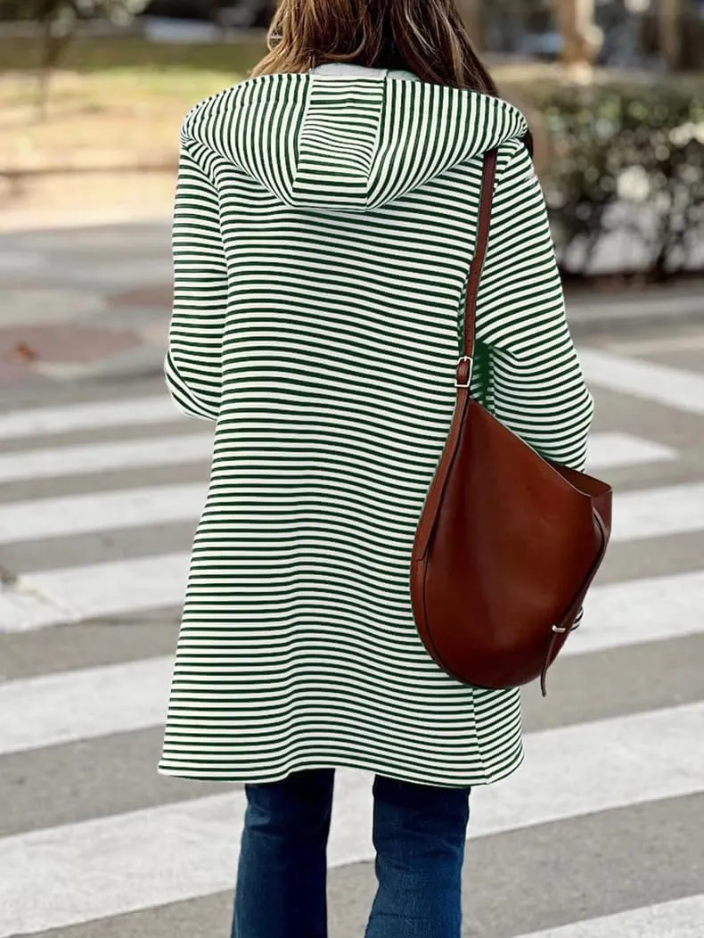 Womens Trench Coats with Hood Lightweight Lapel Button Down Striped Jacket Coat Casual Long Sleeve Outwear with Pocket