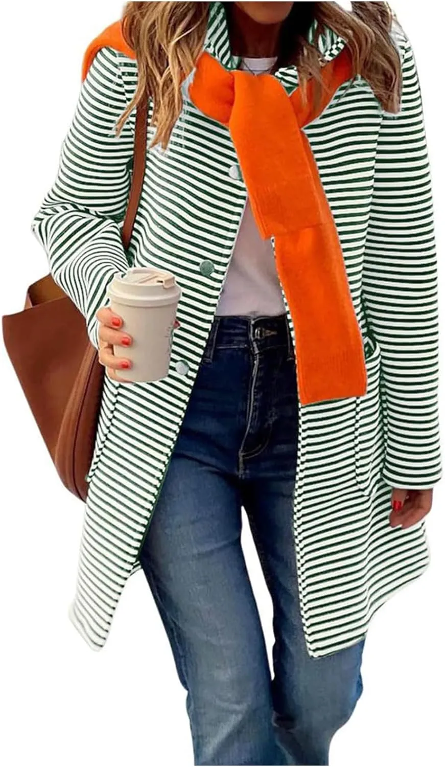 Womens Trench Coats with Hood Lightweight Lapel Button Down Striped Jacket Coat Casual Long Sleeve Outwear with Pocket