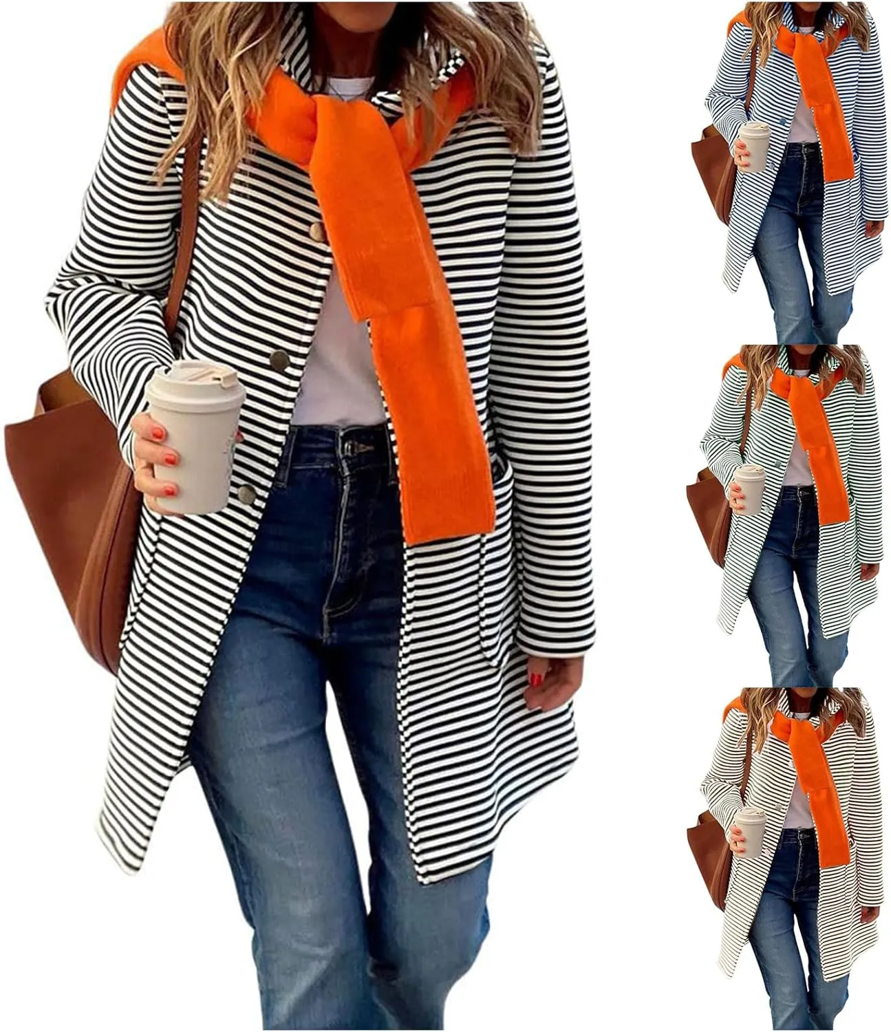 Womens Trench Coats with Hood Lightweight Lapel Button Down Striped Jacket Coat Casual Long Sleeve Outwear with Pocket