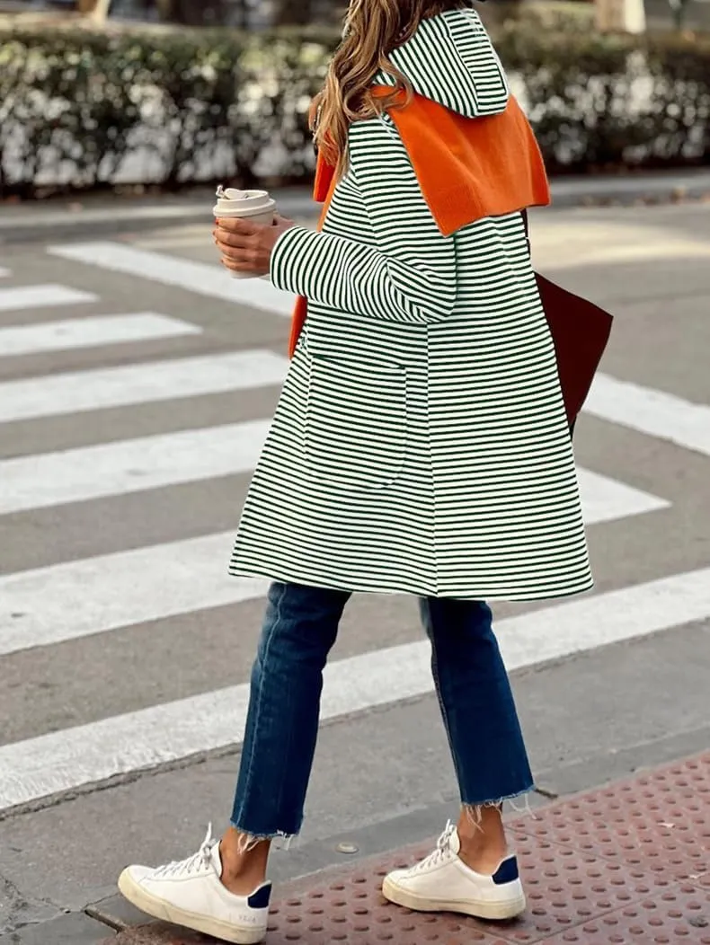 Womens Trench Coats with Hood Lightweight Lapel Button Down Striped Jacket Coat Casual Long Sleeve Outwear with Pocket