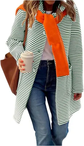 Womens Trench Coats with Hood Lightweight Lapel Button Down Striped Jacket Coat Casual Long Sleeve Outwear with Pocket
