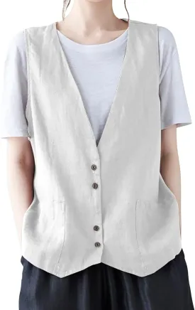 Womens Vest 2023 Summer Cotton Linen Vest Top Vintage Casual Sleeveless Button Down Jacket Loose Vests Outerwear
