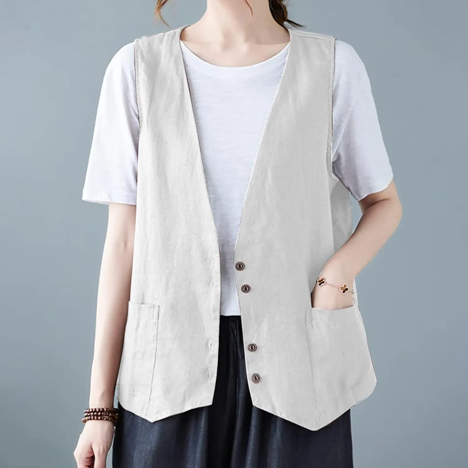 Womens Vest 2023 Summer Cotton Linen Vest Top Vintage Casual Sleeveless Button Down Jacket Loose Vests Outerwear