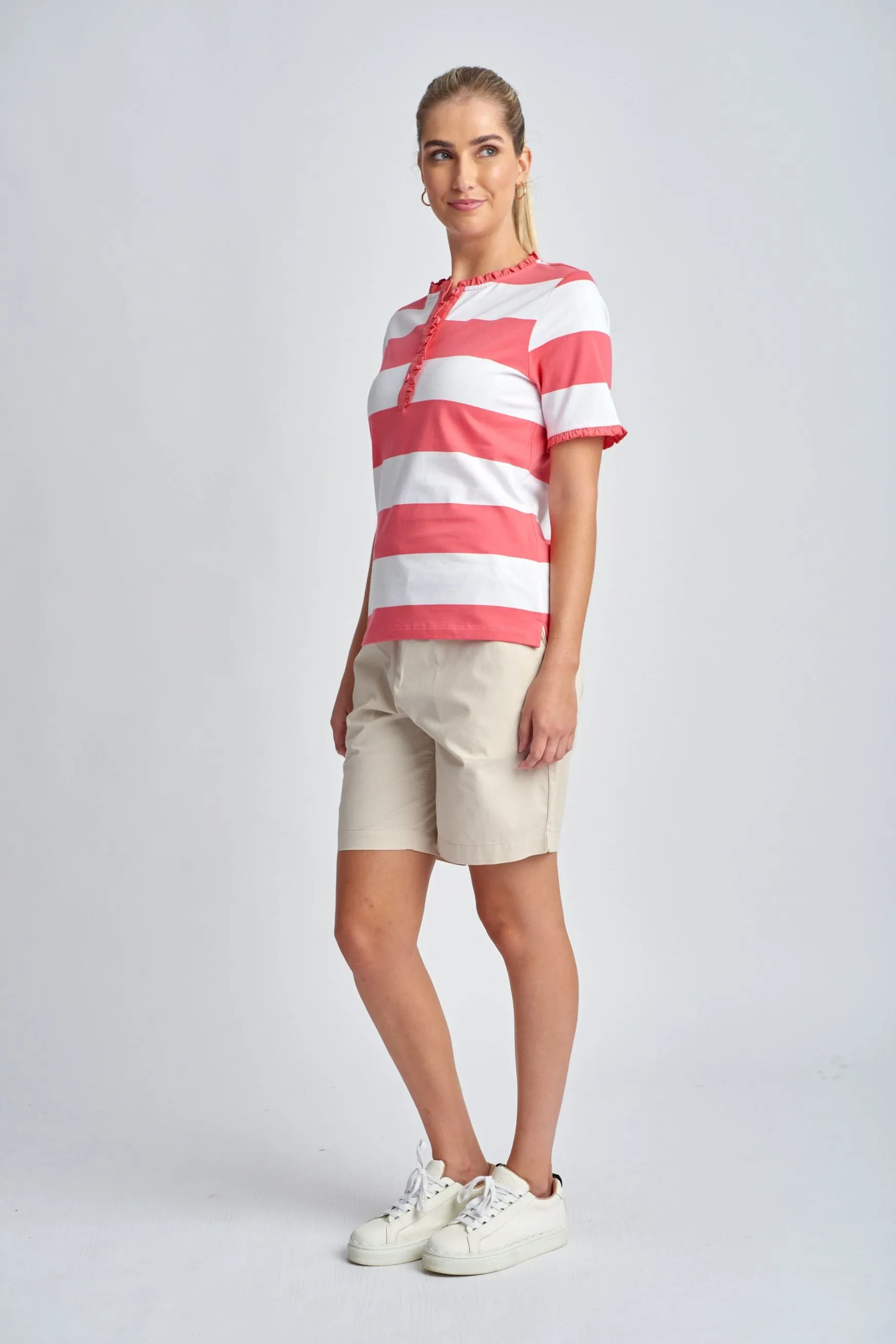 Yarn Dyed Stripe Frill Henley Cotton Tee Coral/White