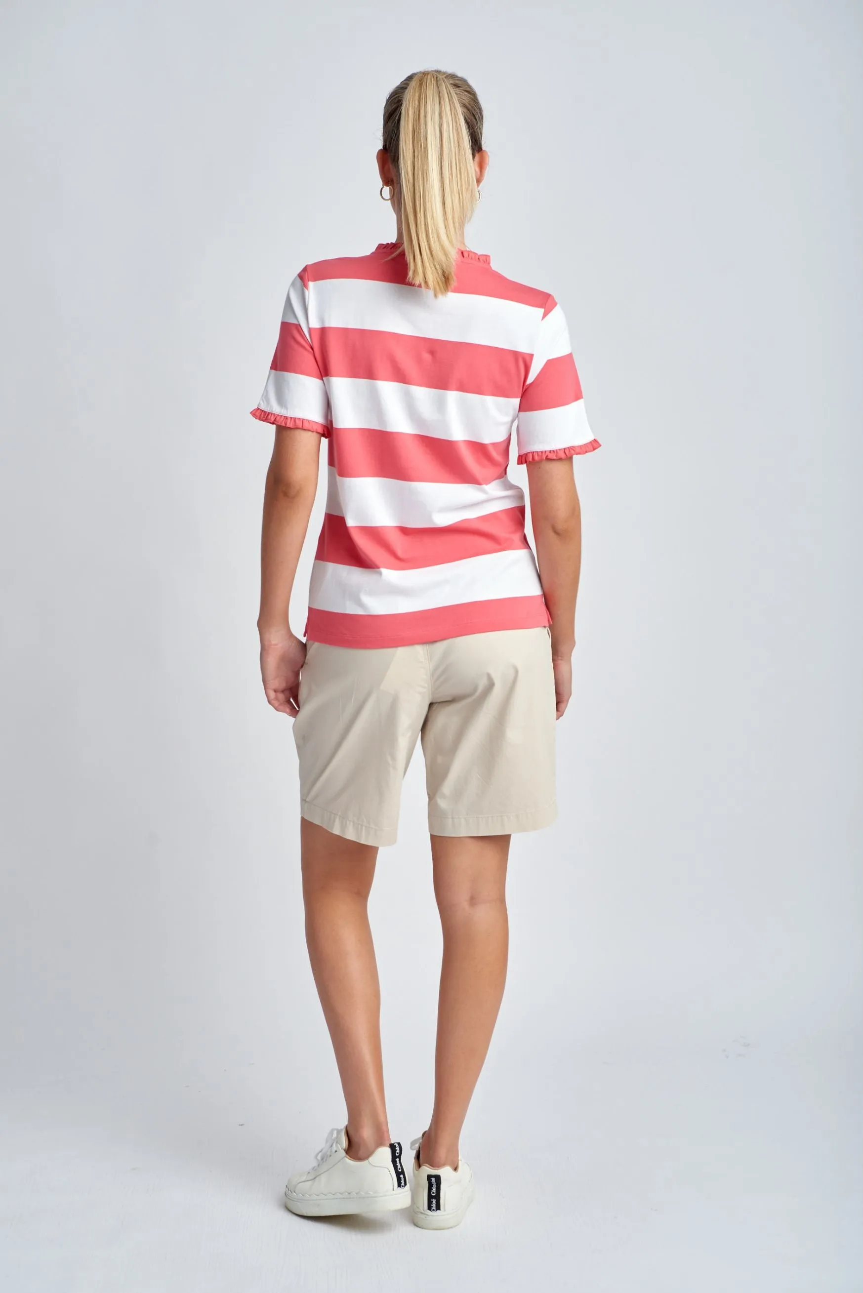 Yarn Dyed Stripe Frill Henley Cotton Tee Coral/White