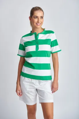 Yarn Dyed Stripe Frill Henley Cotton Tee Kelly Green/White